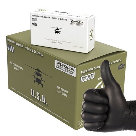 PENTAGON SAFETY EQUIPMENT BlackHawk, Nitrile Disposable Gloves, 5 mil Palm, Nitrile, Powder-Free, L, 1000 PK, Black N1S-5-MR